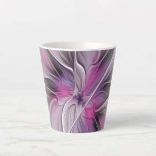 Taza De Café Latte Fractal floral moderno abstracto flor rosa gris