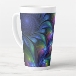 Taza De Café Latte Fractal verde rosa azul luminoso colorido abstract