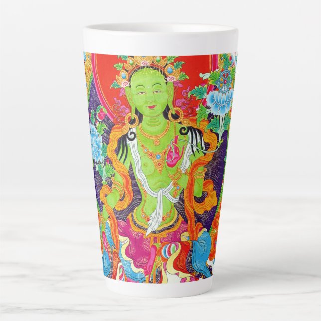 Taza De Café Latte Fresco thangka tibetano de diosa tara verde tatuaj (Anverso)