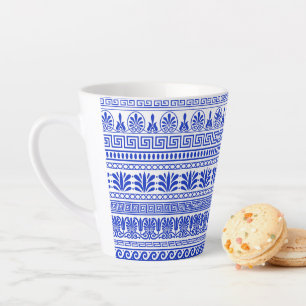 Taza De Café Latte Fret griego, patrón mediterráneo, azul
