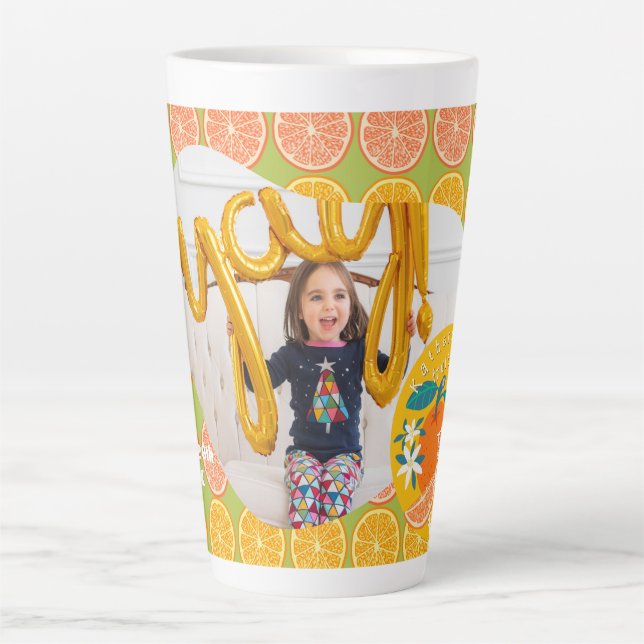 Taza De Café Latte Fruity naranja Fruity Birthday Green Photo (Anverso)