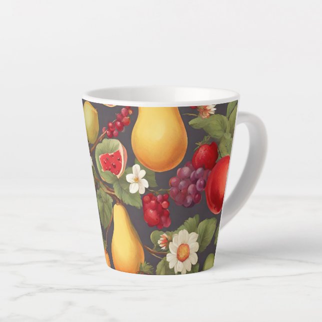 Taza De Café Latte Frutas variadas, hojas exuberantes y flores maravi (Ángulo derecho)