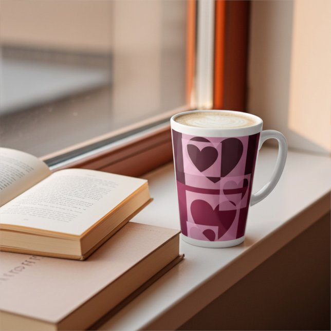 Taza De Café Latte Fun moderno Geometric Soft Pink, Wine Red Heart Ar (Subido por el creador)