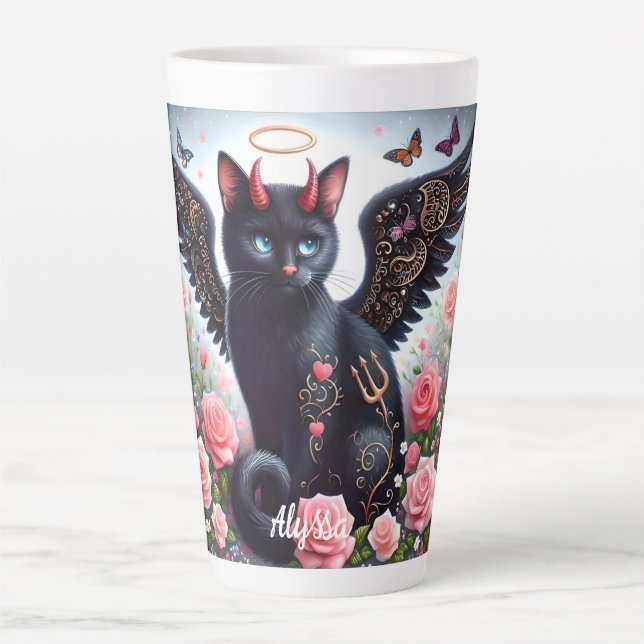 Taza De Café Latte Funny Black Demon y Angel Cat (Anverso)
