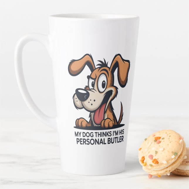 Taza De Café Latte Funny Cartoon Dog Butler Quote (In situ)