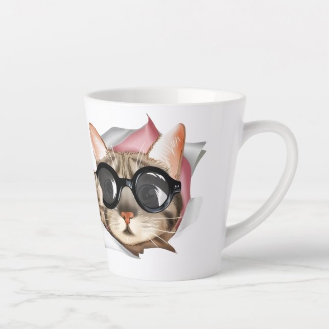 Taza De Café Latte Funny “Meow” Cat with Glasses Design (Derecha)