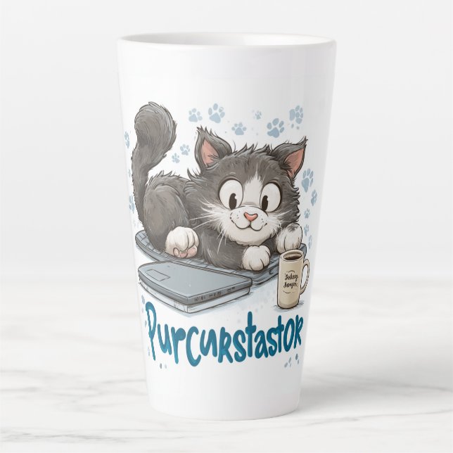 Taza De Café Latte Funny "Purrcrasator" Cat Sleeping on Laptop | Cute (Anverso)