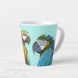 Taza De Café Latte Funny Talking Parrots Cust. BG Blue Latte Mug