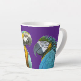 Taza De Café Latte Funny Talking Parrots Cust. BG Purple Latte Mug