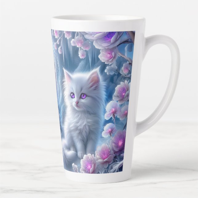 Taza De Café Latte Gatito blanco en el reino del hielo de la fantasía (Derecha)