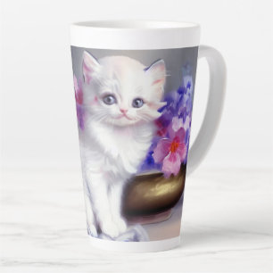 Taza De Café Latte Gatito blanco vintage con flores rosadas y moradas