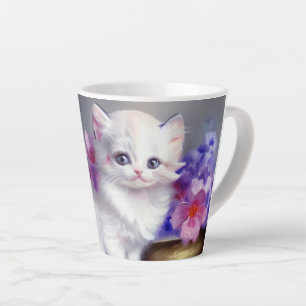 Taza De Café Latte Gatito blanco vintage con flores rosadas y moradas