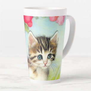 Taza De Café Latte Gatito blanco y marrón vintage con flores