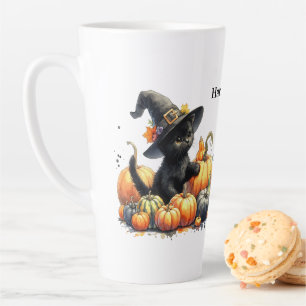 Taza De Café Latte Gatito negro de Halloween con calabazas y Gorra de