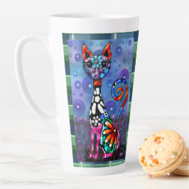 Taza De Café Latte Gato abstracto divertido con ojos grandes