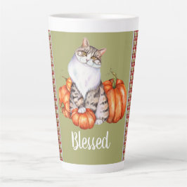 Taza De Café Latte Gato acuarela y calabazas bendecidas Acción de Gra
