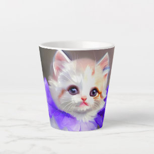 Taza De Café Latte Gato blanco con pintura de cuello de flores morada