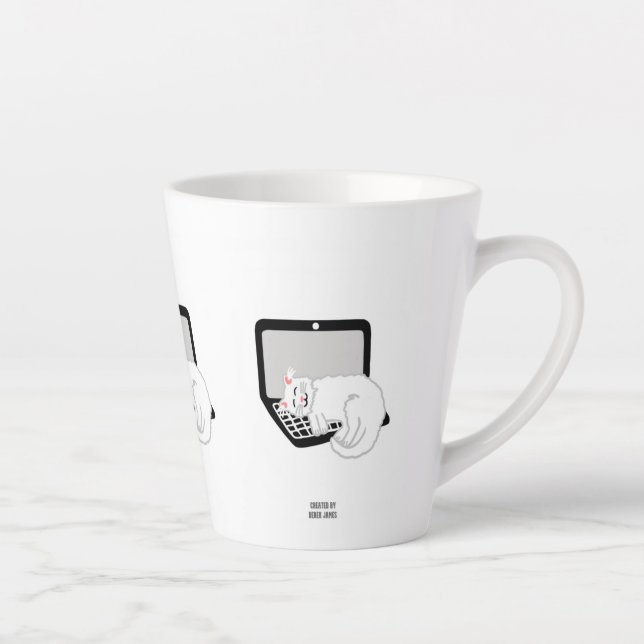 Taza De Café Latte Gato blanco durmiendo en una laptop pequeña peluca (Derecha)