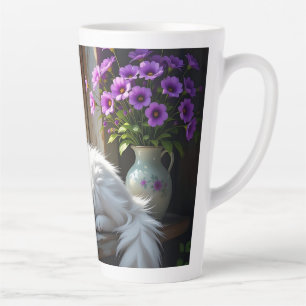 Taza De Café Latte Gato Blanco Durmiendo y Flores Purpura Personaliza