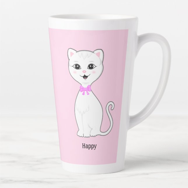 Taza De Café Latte Gato blanco feliz lindo en rosa claro (Derecha)