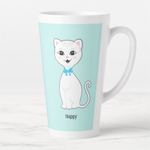 Taza De Café Latte Gato blanco feliz lindo sobre azul claro