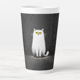 Taza De Café Latte Gato Blanco Gruñón – Divertido Arte Minimalista de