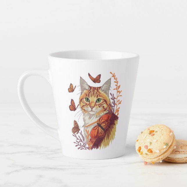 Taza De Café Latte Gato con mariposas monarcas (In situ)