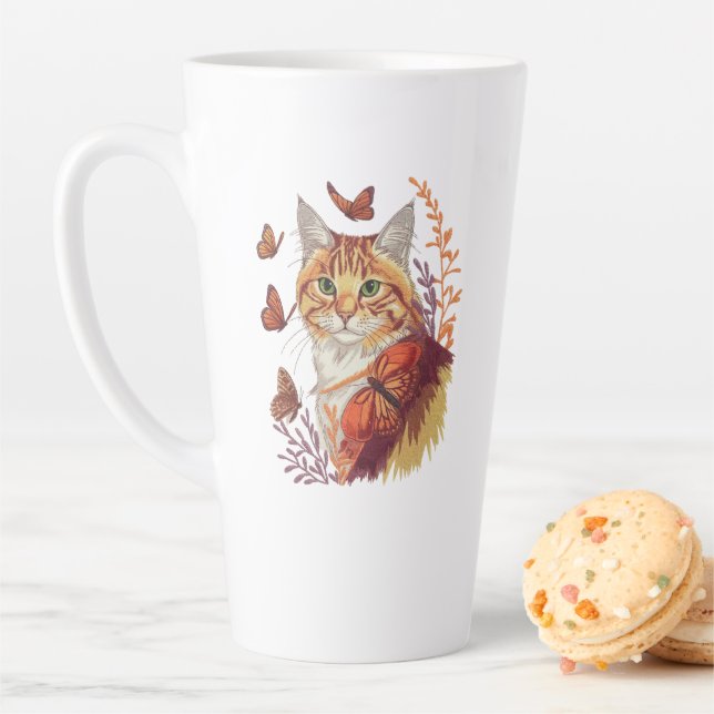 Taza De Café Latte Gato con mariposas monarcas (In situ)