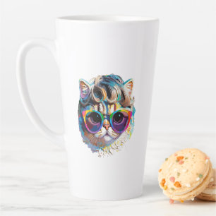 Taza De Café Latte Gato con peluca y gafas de sol (Pintura #4)