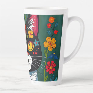 Taza De Café Latte Gato de arte folclórico negro y blanco y flores ca