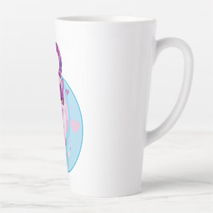 TAZA DE CAFÉ LATTE GATO DE COLOR ROSA Y PURPLE EN UN CÍRCULO DE CIELO