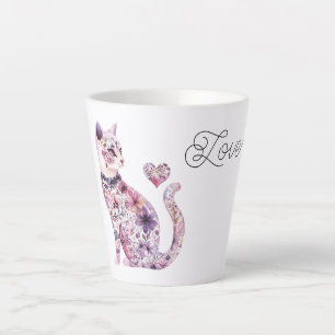 Taza De Café Latte Gato de Flores de Rubor Rosa Púrpura Corazón Amor