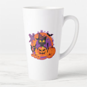 Taza De Café Latte Gato De Halloween Y Calabazas