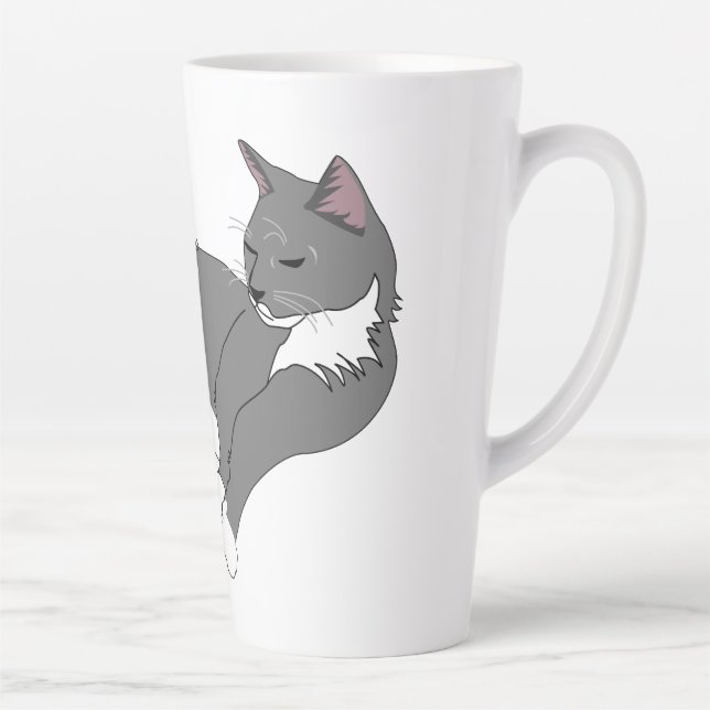 Taza De Café Latte Gato de Tuxedo Gris y Blanco (Derecha)