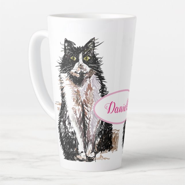 Taza De Café Latte Gato de Tuxedo lindo Negro Dibujo de arte Gatos Mu (Ángulo izquierdo)