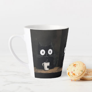Taza De Café Latte Gato en la Mesa Tomando Café