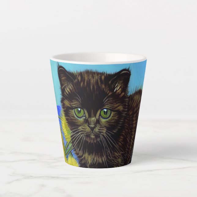 Taza De Café Latte Gato estilo Van Gogh con girasoles (Anverso)