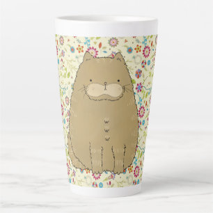 Taza De Café Latte Gato graso en las flores de arte folclórico de Cot