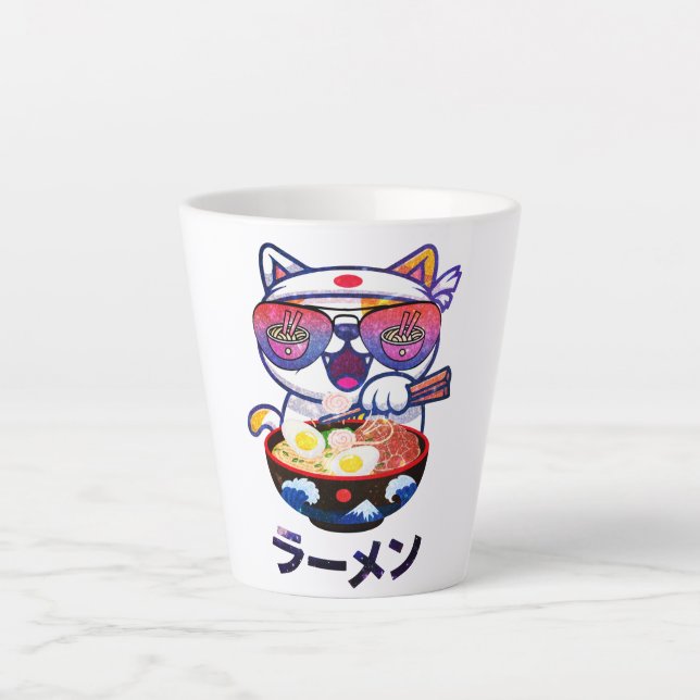 Taza De Café Latte Gato Kawaii comiendo fideos Ramen (Anverso)