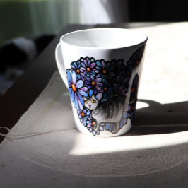 Taza De Café Latte Gato Kitty Púrpura Daisies Gris Gato Gris Gris Gri