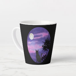 Taza De Café Latte Gato Místico Bajo la Luna – Nocturna Morada Soñado