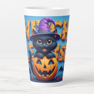 Taza De Café Latte Gato Negro Adorable Bruja Calabaza Halloween 🐈⬛