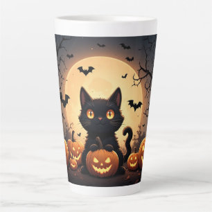 Taza De Café Latte Gato Negro Calabaza Halloween Luna Nocturna 🐈⬛