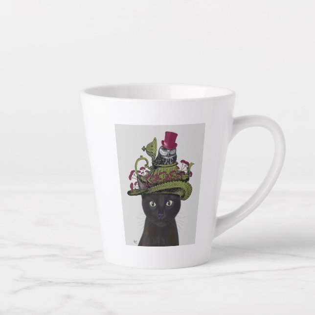 Taza De Café Latte Gato negro con tetera y búho (Derecha)