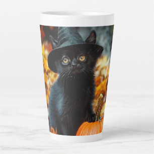 Taza De Café Latte Gato negro de Halloween y calabaza