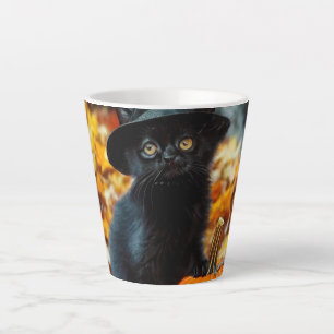 Taza De Café Latte Gato negro de Halloween y calabaza