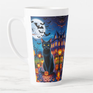 Taza De Café Latte Gato negro en el encantador paisaje de Halloween