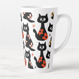 Taza De Café Latte Gato negro floral retro (blanco)