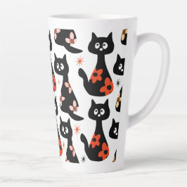 Taza De Café Latte Gato negro floral retro (blanco)