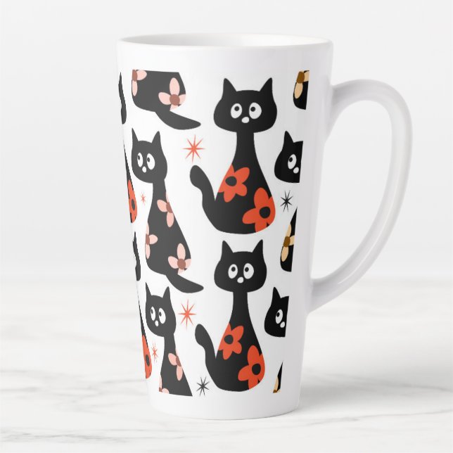 Taza De Café Latte Gato negro floral retro (blanco) (Derecha)